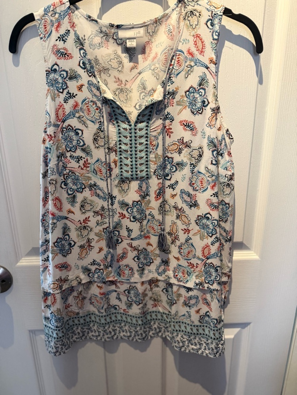 J Jill Womens Tunic Tank S Petite White Blue Orange Paisley Sleeveless Top